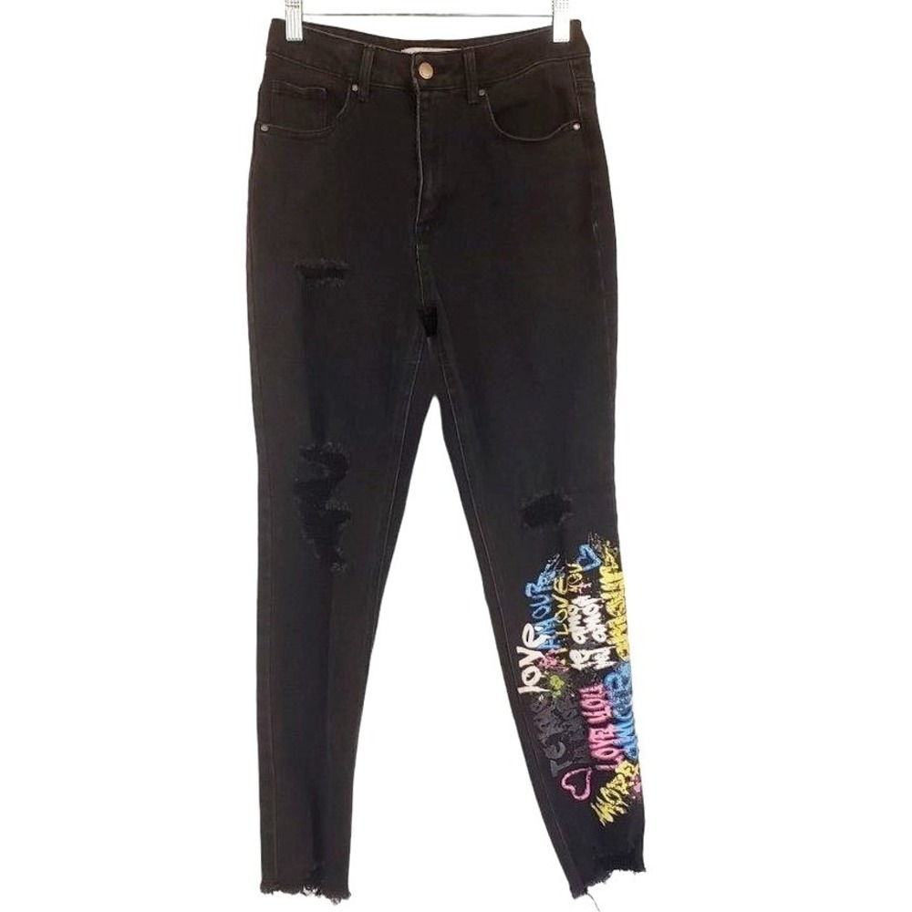 TINSLETOWN jeans graffiti size 7‎ black skinny high waist chewed hem